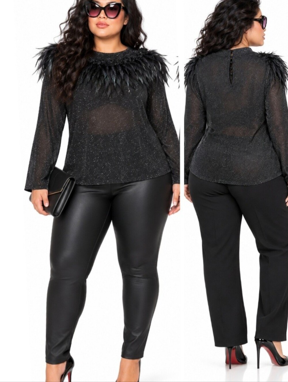 NWT Ashley Stewart Black Sparkle Feather Trim Blouse Semi-Sheer Plus Sz 18 / 20